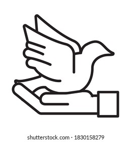 hand lifting peace dove flying line style icon vector illustration design