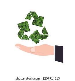 hand lifting recycle arrows with leafs plant