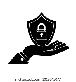 hand lifting shield with padlock icon