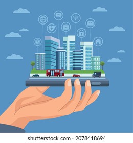 hand lifting smart city icon