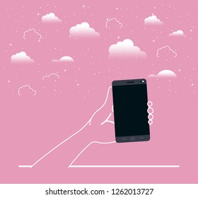 hand lifting smartphone in the sky