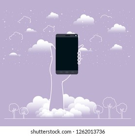hand lifting smartphone in the sky