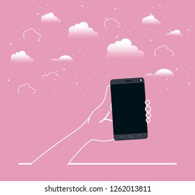 hand lifting smartphone in the sky