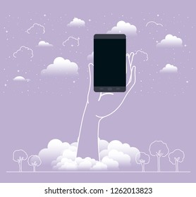 hand lifting smartphone in the sky