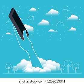 hand lifting smartphone in the sky