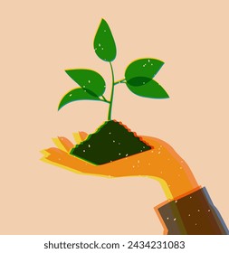 A hand lifting a sprout of a green plant upward, printed on a risograph. Theme of environmental protection. Enviroment protection. Vector illustration