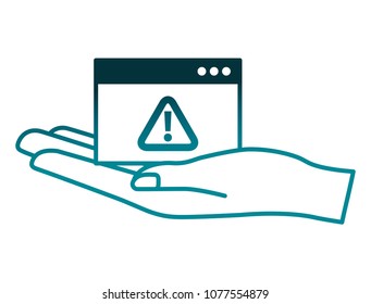 hand lifting template webpage with alert sign caution icon