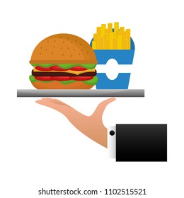 hand lifting tray with delicious hamburger