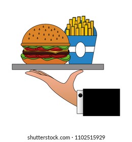 hand lifting tray with delicious hamburger