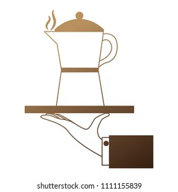 hand lifting tray with teapot coffee isolated icon