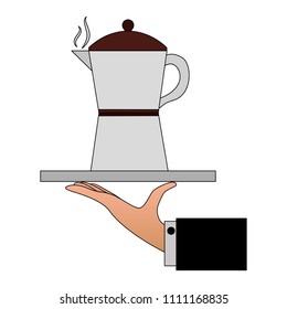 hand lifting tray with teapot coffee isolated icon
