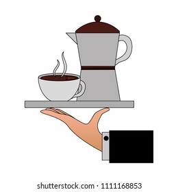 hand lifting tray with teapot and cup coffee isolated icon