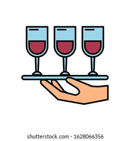 hand lifting tray with wine cups vector illustration design