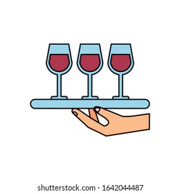 hand lifting tray with wine cups vector illustration design