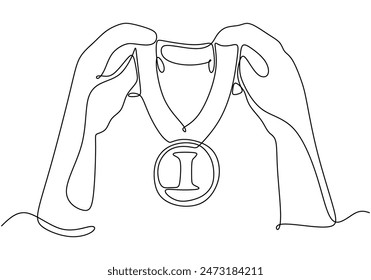 Trofeo de elevación a mano dibujo de línea continua. Logro, celebración y concepto de premio. Ilustración vectorial diseño minimalista dibujado a mano.