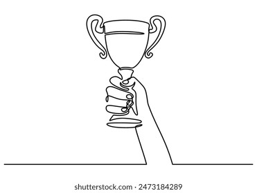 Hand lifting trophy continuous line drawing. Achievement, celebration and award concept. Vector illustration minimalist design hand drawn.