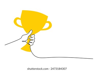 Hand lifting trophy continuous line drawing. Achievement, celebration and award concept. Vector illustration minimalist design hand drawn.