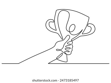 Hand lifting trophy continuous line drawing. Achievement, celebration and award concept. Vector illustration minimalist design hand drawn.