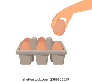 Hand lifts a brown egg from a grey carton containing six eggs, all nestled in individual compartments, against a white background. stock illustration