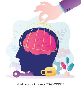Hand lifts cage from person's head. Open your mind to new ideas and knowledge. Freeing brain from imprisonment. Opening your creative mind. Concept of unlock potential. Trendy flat vector illustration