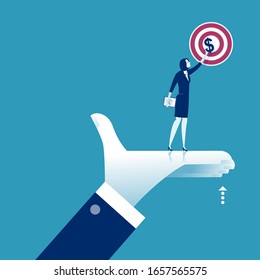 The manager‘s hand lifts the co-worker and helps her to achieve the profit. Business vector illustration.