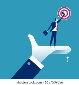 The manager‘s hand lifts the co-worker and helps him to achieve for the profit. Business vector illustration.