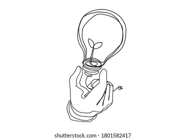 Hand and Light bulb contour drawing 
idea concept with vector design.