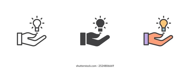Hand with light bulb different style icon set. Line, glyph and filled outline colorful version, outline and filled vector sign. Creative idea symbol, logo illustration. Vector graphics
