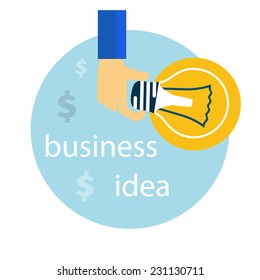 Hand with light bulb in flat design style. Business idea concept