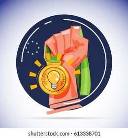 Hand with light bulb of gold medals. winner idea concept - vector illustration