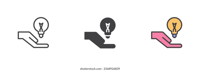 Hand and light bulb icon. Creative idea line and glyph version, outline and filled vector sign. linear and full pictogram.  Solution symbol, logo illustration. Different style icons set