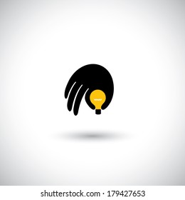 hand with light bulb icon - genius mind with ideas concept vector. This graphic illustration also represents concepts like sharing ideas, innovative people, business icon, creativity, inventiveness