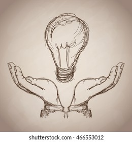 hand light bulb idea business icon. Isolated and sketch illustration. Vector graphic