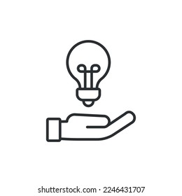 Hand with light bulb. Idea linear icon. Thin line customizable illustration. Contour symbol. Vector isolated outline drawing. Editable stroke