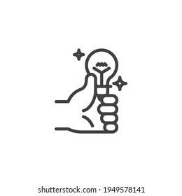 Hand with light bulb line icon. linear style sign for mobile concept and web design. Idea decision outline vector icon. Symbol, logo illustration. Vector graphics