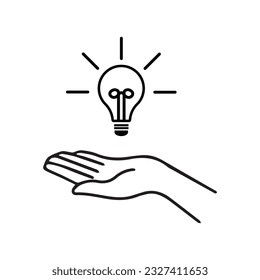 Hand with light bulb line icon. Concept of new idea. Idea generation process.