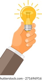 Mano con bombilla y otra mano dando dinero, coche, casa. crowdfunding, innovación, idea, concepto de inversiones. iconos de estilo plano. Ilustración vectorial aislada