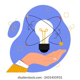 Mano con bombilla. Personaje con gran idea. Creatividad y arte, lluvia de ideas e imaginación. Proyecto de negocio o inicio. Ilustración plana del vector de la historieta aislada sobre fondo blanco