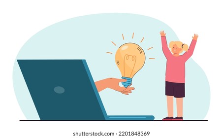 Hand with lightbulb coming out of big laptop towards happy girl. Child getting information via internet or online teacher flat vector illustration. Education, development concept for banner