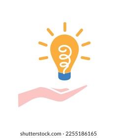 Hand with lightbulb icon. Idea and insight, creative personality. Innovation and development of company, successful start up or business project. Poster or banner. Cartoon flat vector illustration
