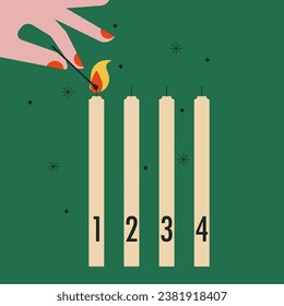 Hand lighting advent candle. Humans hand holding match stick burning with fire flame and candle. Wooden match with fire in hand. First advent with one burning candle. Flat vector illustration.