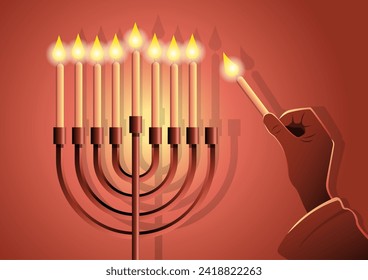 Hand Lighting Candle On Metal Hanukkah Menorah On Surface, vector illustration