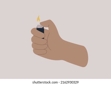 A hand lighting a lighter with a thumb