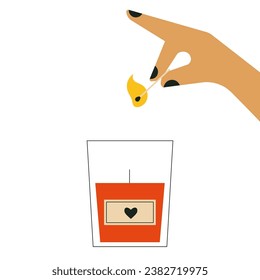 Hand lighting red candle in glass jar with heart. Humans hand holding match stick burning with fire flame and candle. Love. Romantic. Wooden match with fire in hand. Flat vector illustration, isolated