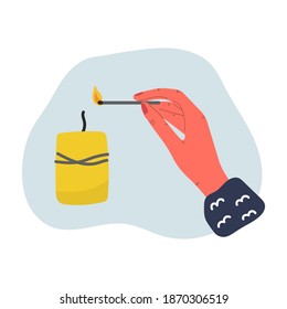 Hand lights candle with match. Flat modern illustration. Romantic concept. 