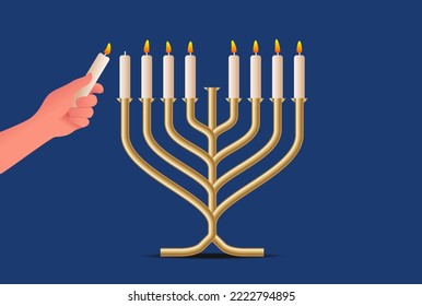 Hand legt eine Menorah von Kerzen für jüdisches Festival der Lichter Hanukka, realistische einzelne Vektorgrafik