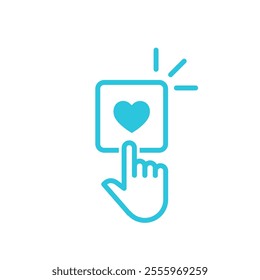 Hand and like button with heart icon. Isolated on white background.
