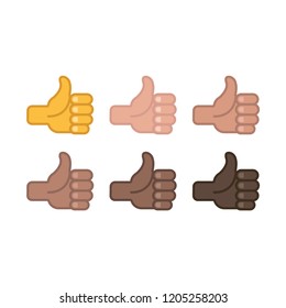 Hand like emoticons, thumbs up flat vector illustration symbols set, collection in all skin colors
