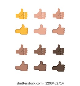 Hand like emoticons, thumbs up flat vector illustration symbols set, collection in all skin colors