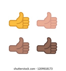 Hand like emoticons, thumbs up flat vector illustration symbols set, collection in all skin colors
